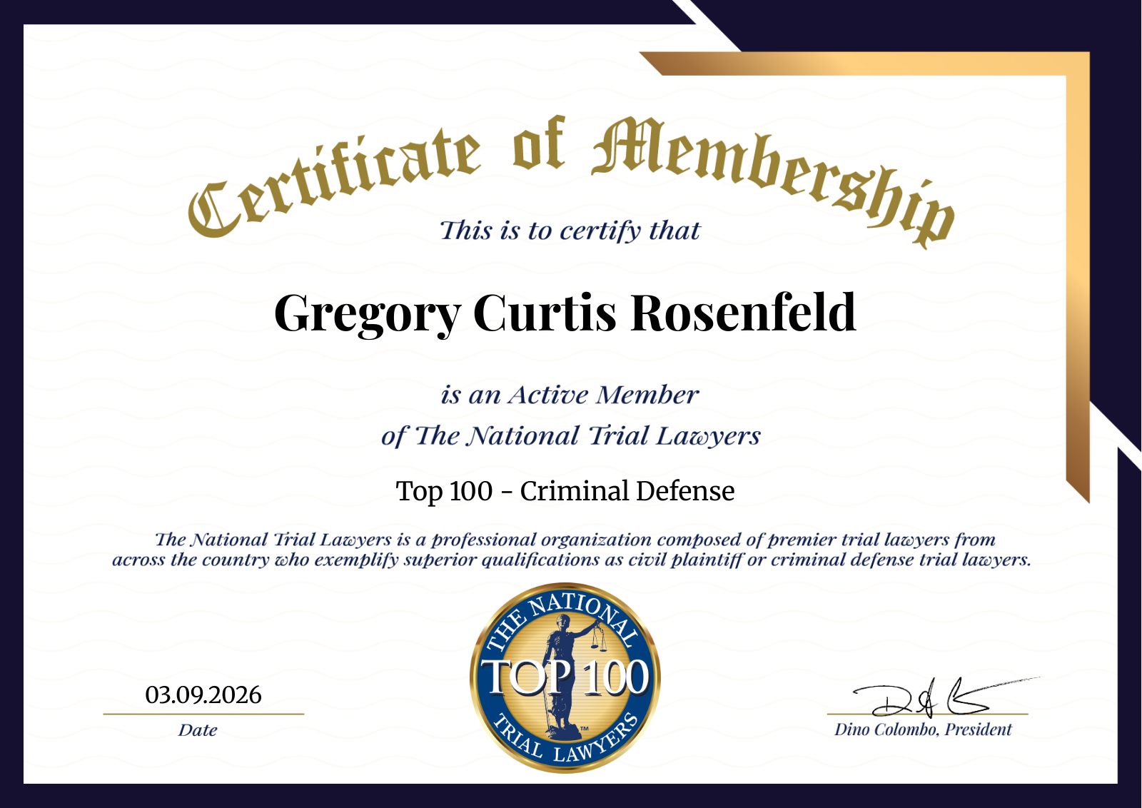 Certificate of Membership Top 100 - Criminal Defense 2026